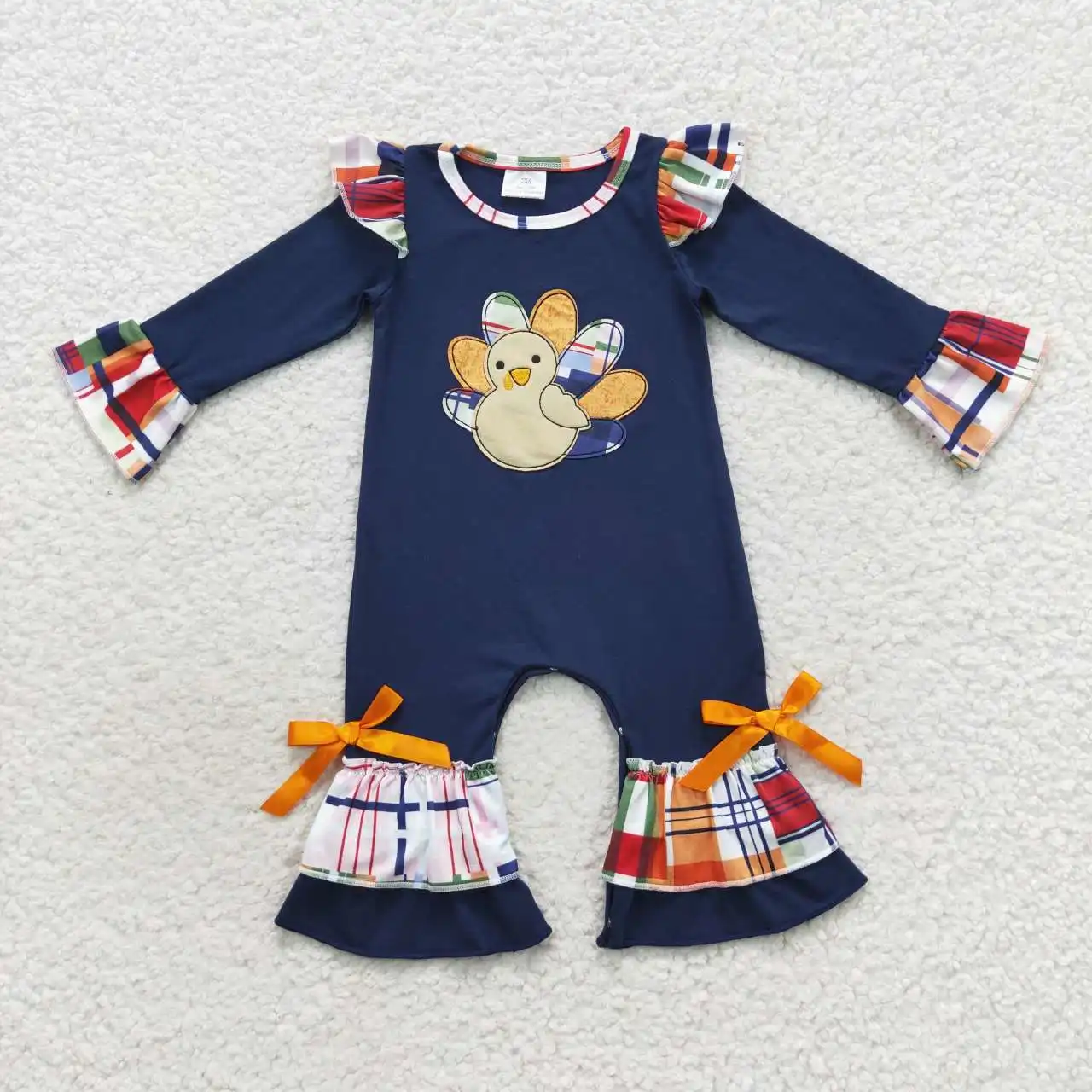 LR0366 Bordado peru xadrez rendas bordado arco azul marinho macacão de manga comprida Baby Girl Clothing Produtos do bebê onesie