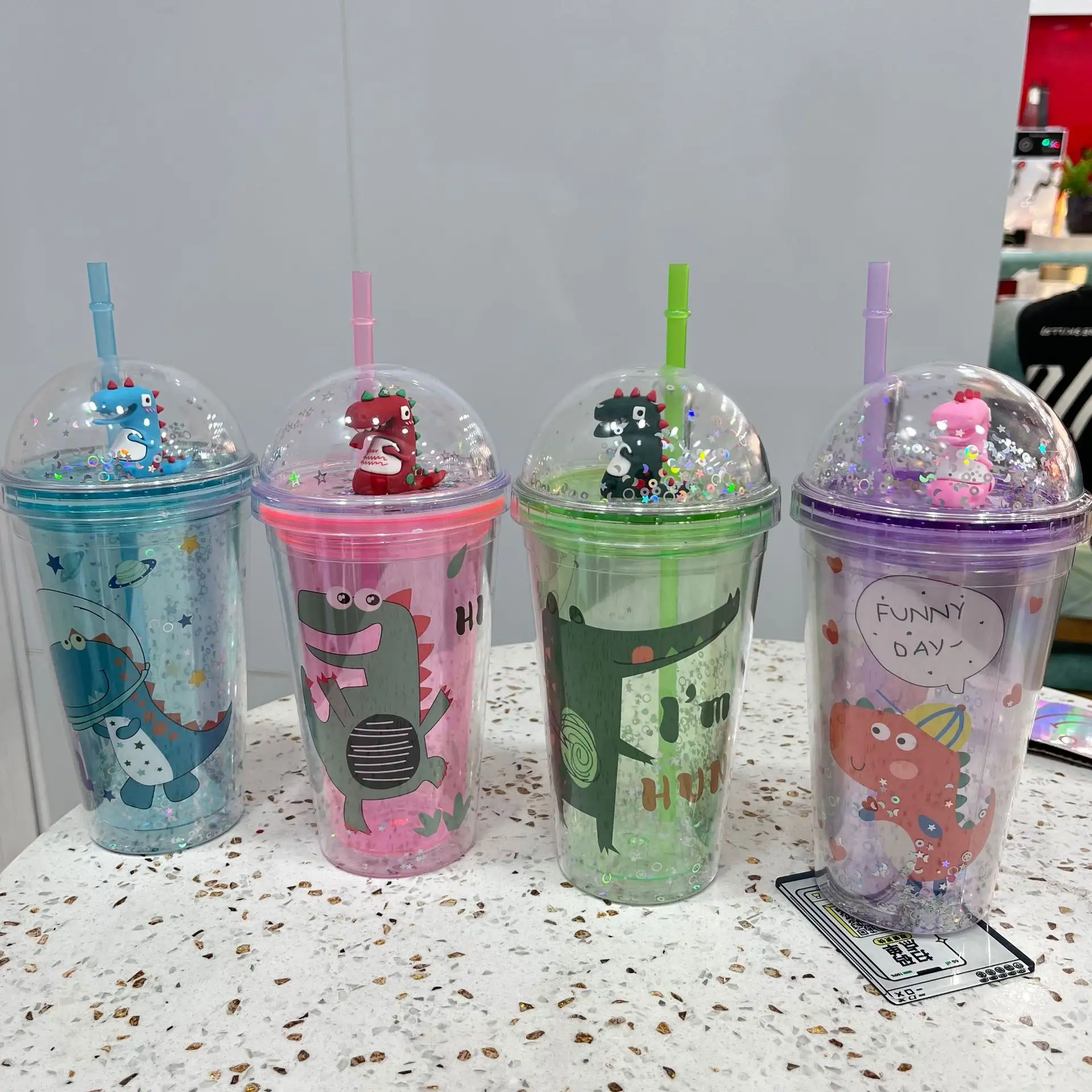 Feiyou wholesale new design acrylic summer cool Ice cup cartoon double wall clear plastic kid water bottles with straw