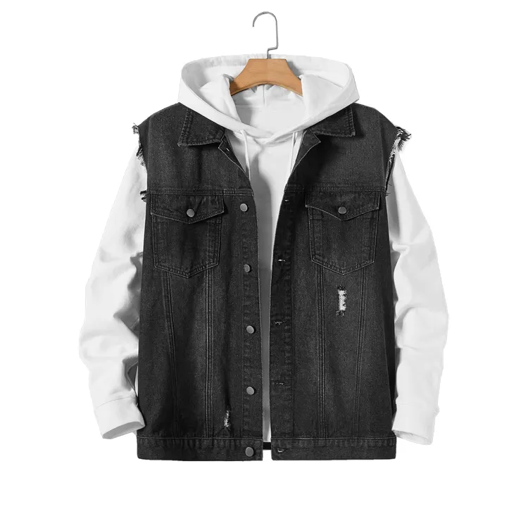 Atacado Logotipo Personalizado Oversized Utility Black Rock Star Punk Rock Street Magro Sem Mangas Homens Denim Vest