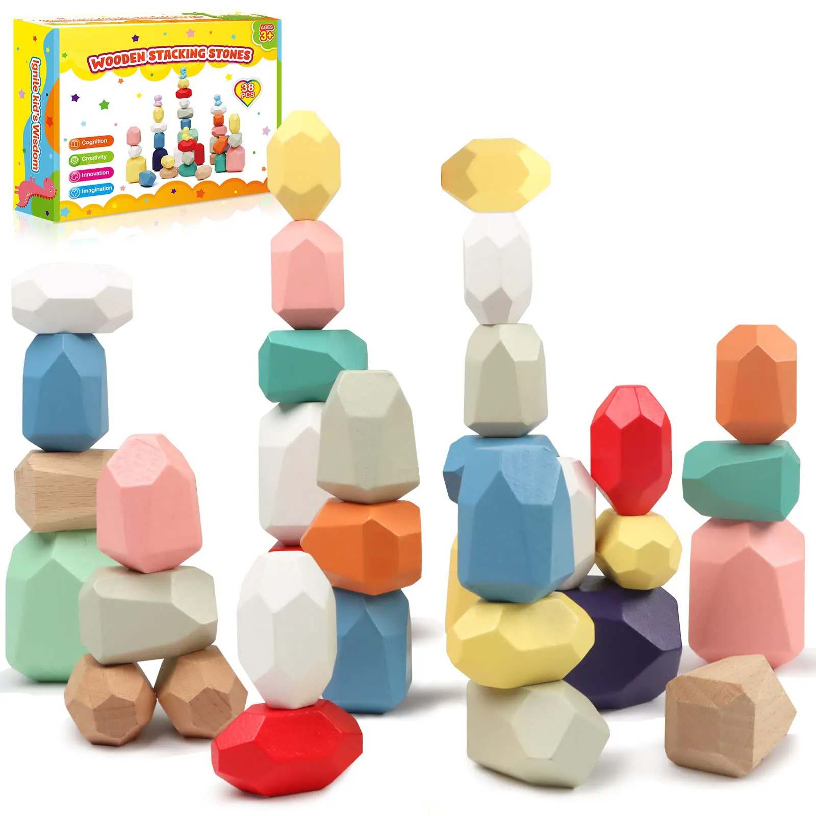 Lot de 16 blocs de construction Montessori en bois colorés, grands blocs de bois, jouets éducatifs pour enfants pour les tout-petits