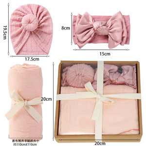 Yeni tasarım zarif el yapımı bebek kız Wrap şapka saç bandı Set 3Pics bir Set kundak bandı türban yenidoğan bebek hediye kutusu - Product Image 5