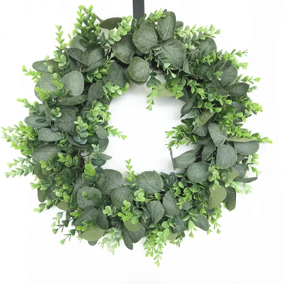 Guirnaldas de Acción de Gracias 20 pulgadas Hojas artificiales Corona de Navidad de eucalipto verde para puerta delantera Corona de Halloween