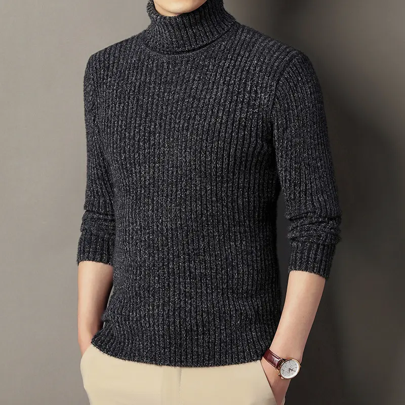 Winter Thick Plain Color Long Sleeve Pullover Crochet Knitted Designs Woolen Turtleneck Sweaters For Mens