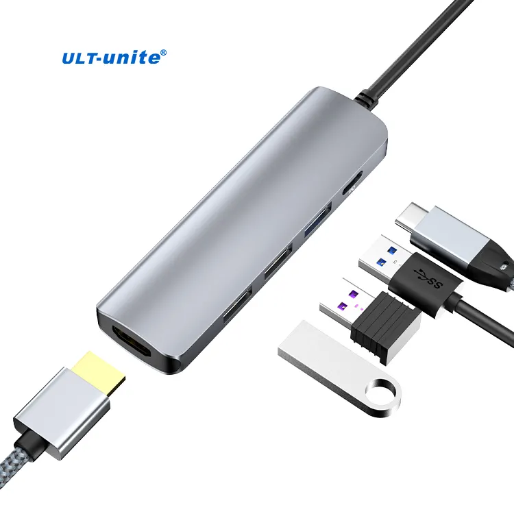 ULT-unite Right Angle 5 in 1 USB Type C Hub with 4K HDMI USB 3.0 2.0 Type A and PD 100W Ports USB C Laptop Docking Station