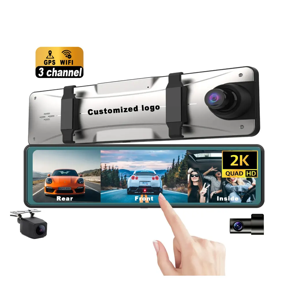12" 3 Kanal Rückspiegel Front- und Rückkamera, 2K Dreifachspiegel Dashcam, Berührungsbildschirm-Backup-Kamera mit Bewegungserkennung