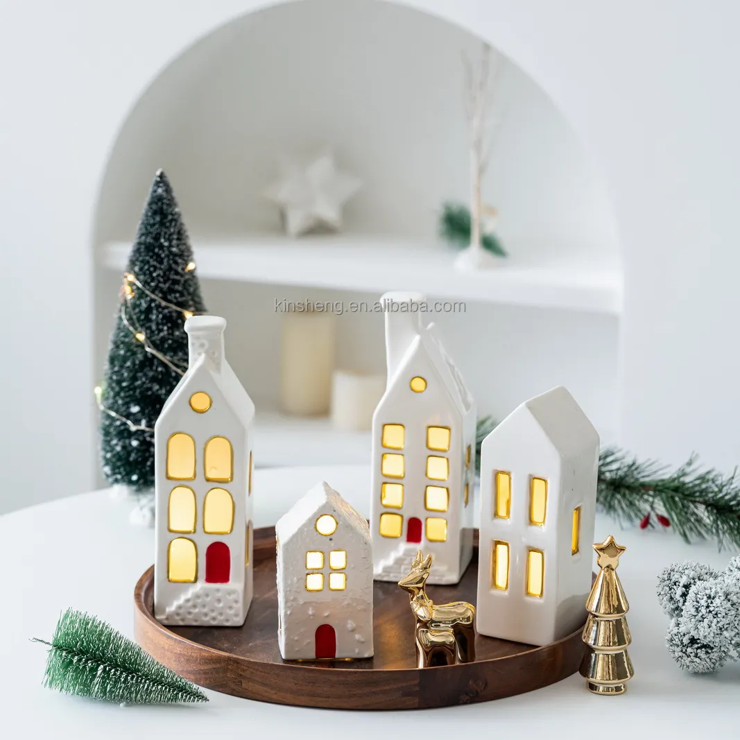 Vela de cerâmica em forma de casa de porcelana branca, suporte de vela para o natal