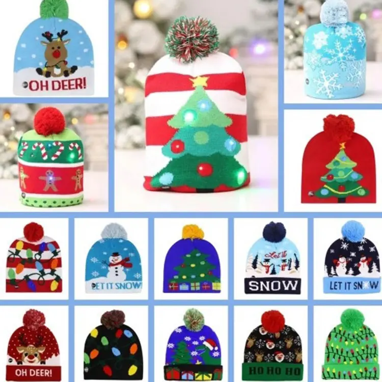 Venta al por mayor logotipo personalizable regalos de fiesta invierno cálido sombrero Unisex Led Light Up Knitted Christmas Beanie Hat