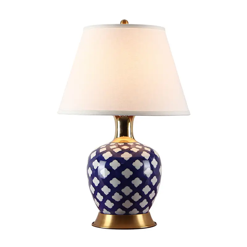 Lampe de bureau en laiton Vintage européen et américain, ombrage bleue Simple, pour Table de nuit et chambre à coucher, Sofa de lecture E27, lampe de chevet en céramique