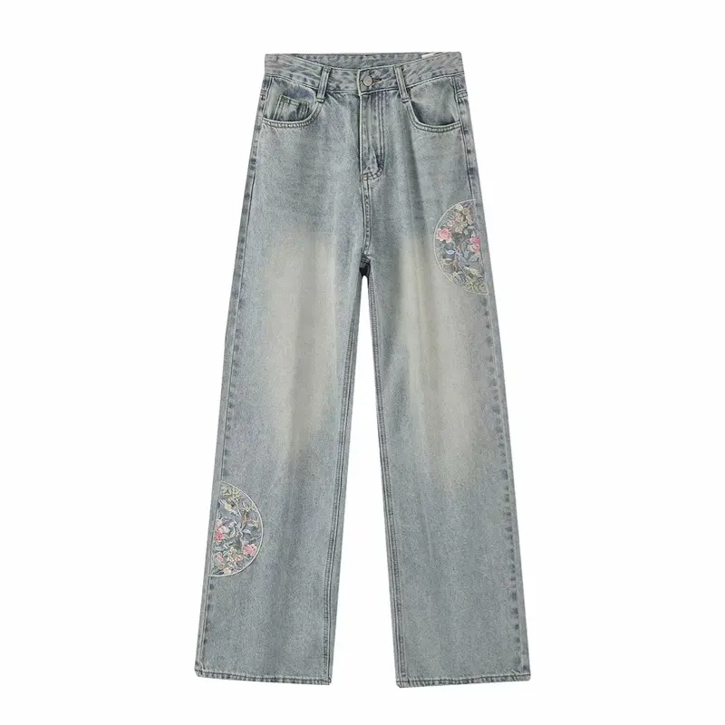 TAOP & ZA Pantalones vaqueros rectos estrechos de Color claro para mujer Primavera 2024 Pantalones de pierna ancha bordados chinos de cintura alta