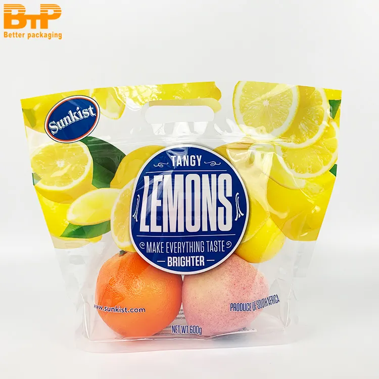 Bolsa de pie con cremallera reutilizable personalizada, bolsa de plástico para frutas, embalaje de uva naranja con asa, bolsas de embalaje de cereza y limón