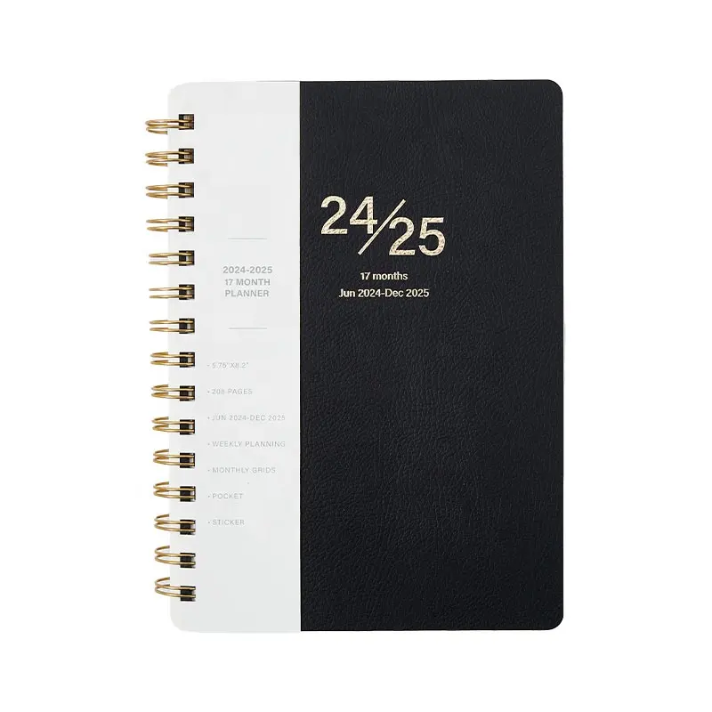 2024 2025 17 เดือนPlanner Puหนังตัวอย่างฟรีที่กําหนดเอง 2024 ออกแบบเกลียวJournal Notebook Agendaพร้อมสติกเกอร์กระเป๋า