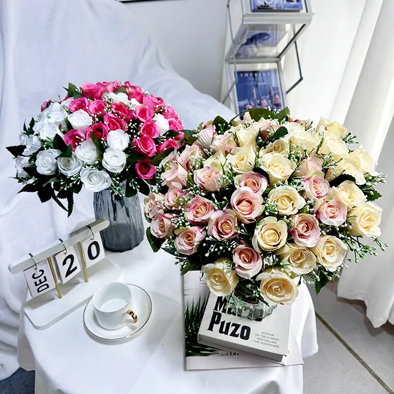 Buquê de flores de seda artificial barato com 24 cabeças para decoração de mesa de casamento em casa