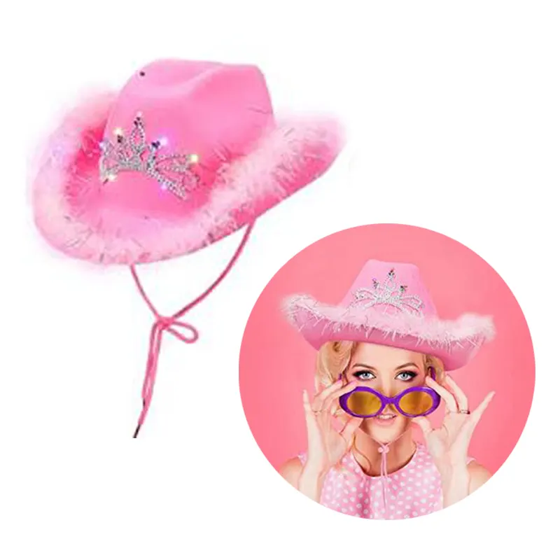 Pelliccia moda Faux Pink Cow Girl Sparkly Plain Felt Wholesale Sparkle Hat cappelli da Cowboy da donna americani con piuma