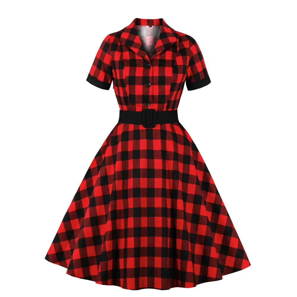 2021 Summer Short Sleeve Women Red Plaid Dress VD1697 Cotton 50s 60s Vintage Swing Retro Dress