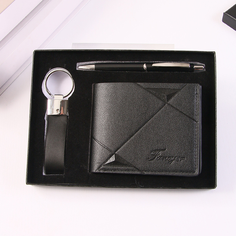 4-piece black set (wallet, keychain, pen, and exquisite gift box)
