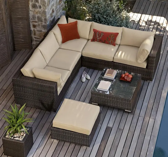 6-zits Kleine Tuin Sectionele Banken Bank Meubels Rotan Rieten Outdoor Patio Conversatiesets