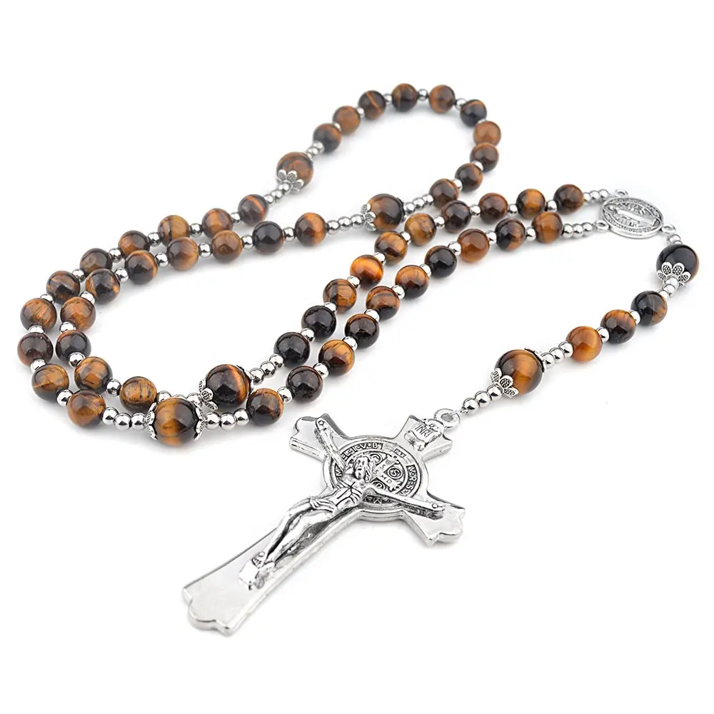 Collier en pierre œil de tigre 8mm, perles de pierre, chapelet Saint benobian, pièces centrales, croix catholique