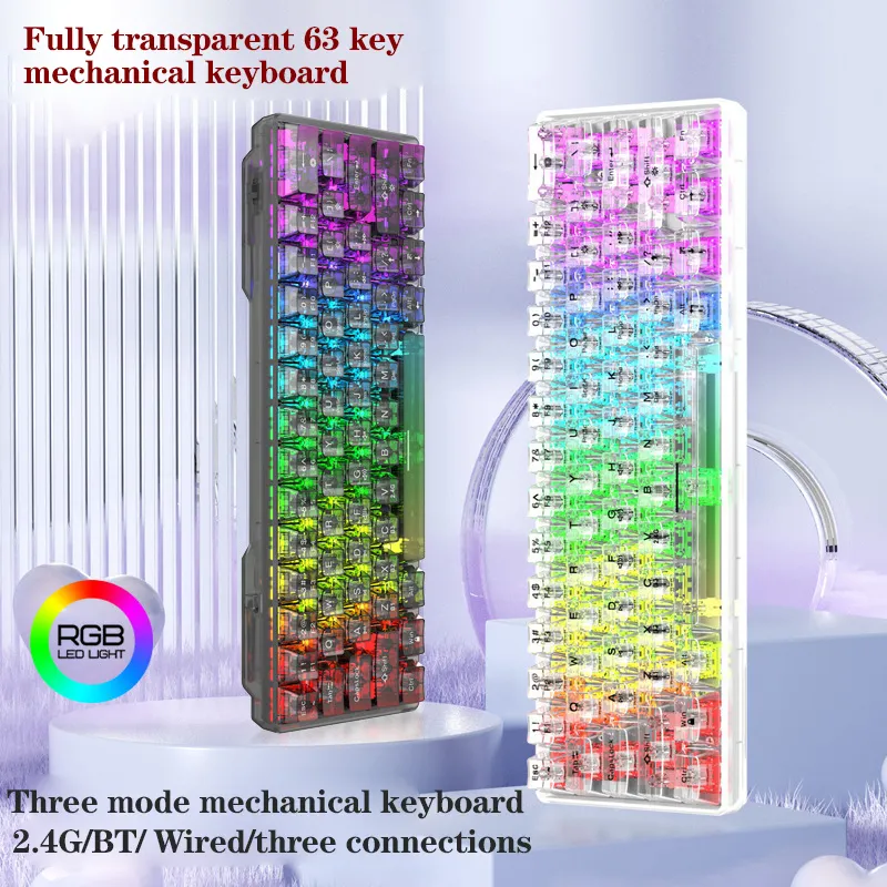 60% 63 key desktop wireless transparent acrylic Two color injection molding multimedia rotary button RGB mechanical keyboard