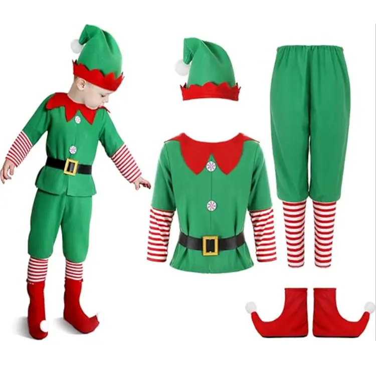 Рождественские костюмы эльфов милые наряды включают в себя эльфийскую обувь полосатые носки для мальчиков Дети Косплей