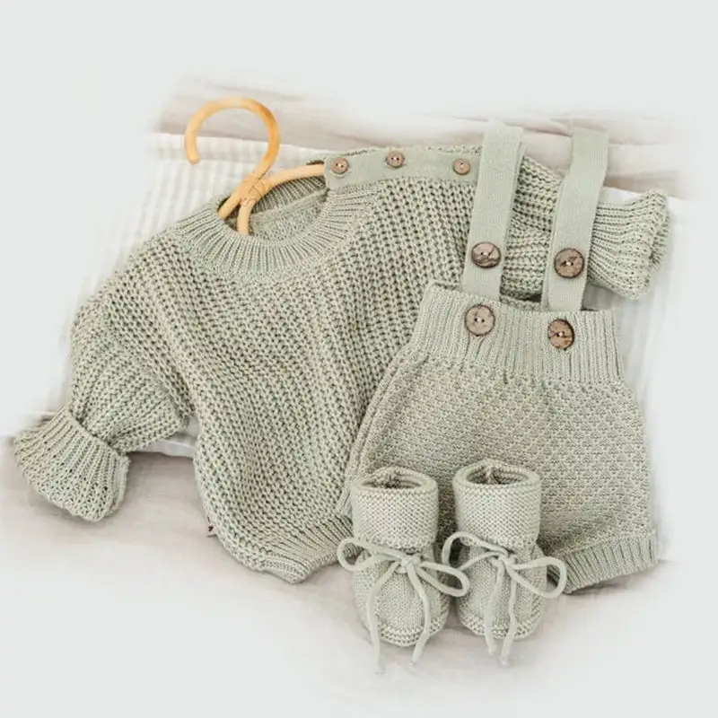 New Born Organic Cotton Outfit Conjunto De Malha Chunky Baby Sweater Macacões Bloomers Roupas Malha Conjunto De Roupas De Bebê