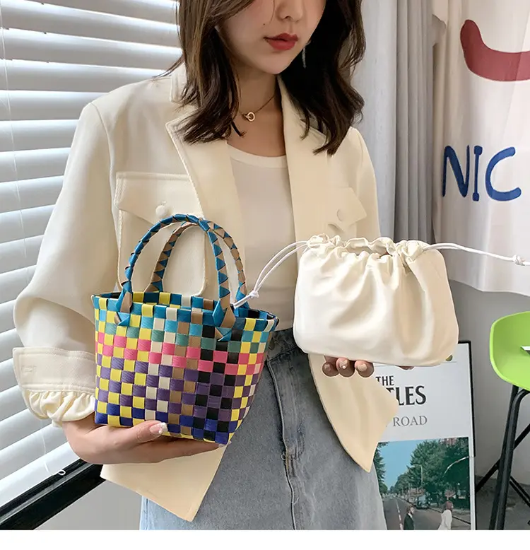 Fashion Colorful Wholesale Summer Handmade Craft Women Beach Bags Waterproof Woven Tote bag with Cosmetic Inner Fabric Pouch Bag