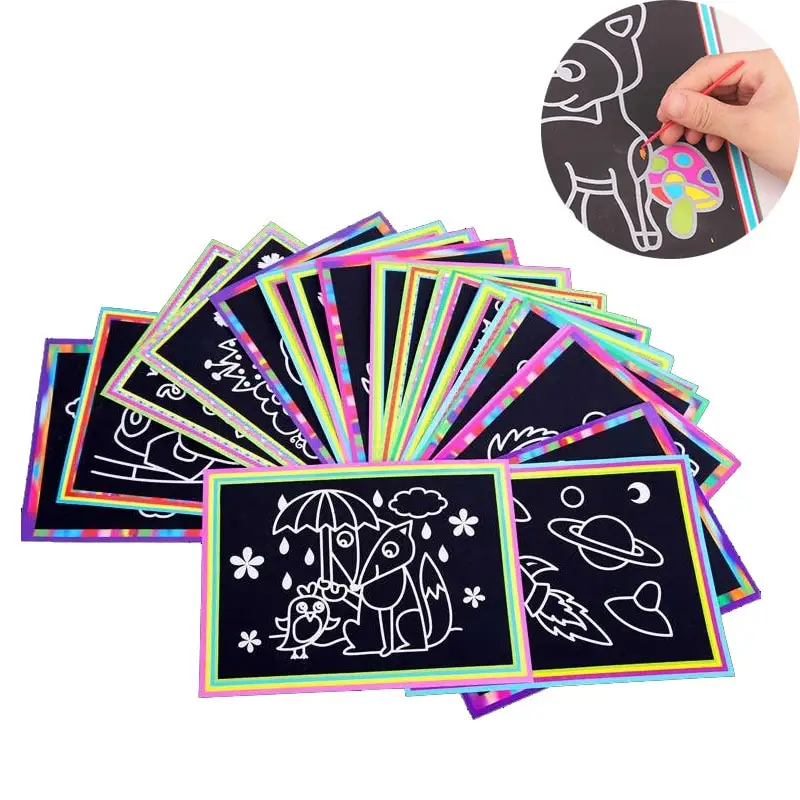 1 Uds 13x18cm papel de arte para rascar papel de pintura mágica con palo de dibujo para niños juguete colorido juguetes de dibujo
