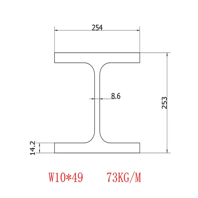 Acero en forma de H (ASTM A6/A 6M-12)W10*49 Especificación 253*254*8,6*14,2 Material A36/a572 composición de carbono respectivamente