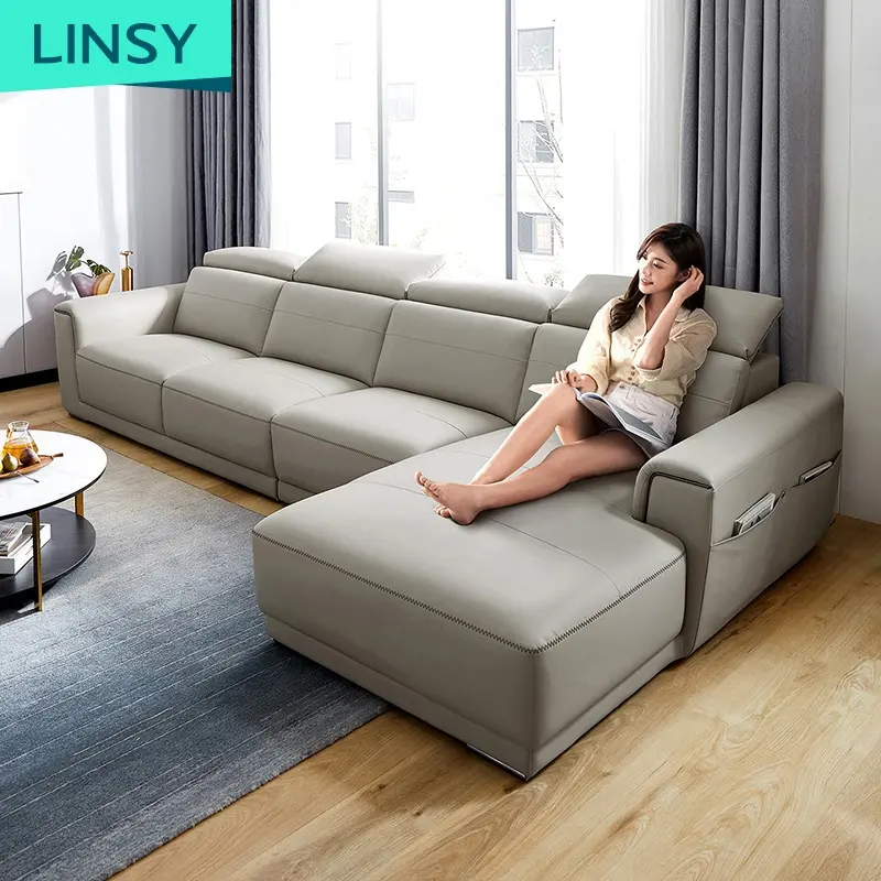 Linsy sofá de canto de couro em forma de l, sofá de canto moderno de couro italiano com descanso de cabeça móvel, modelo com chaise longue rbi1k