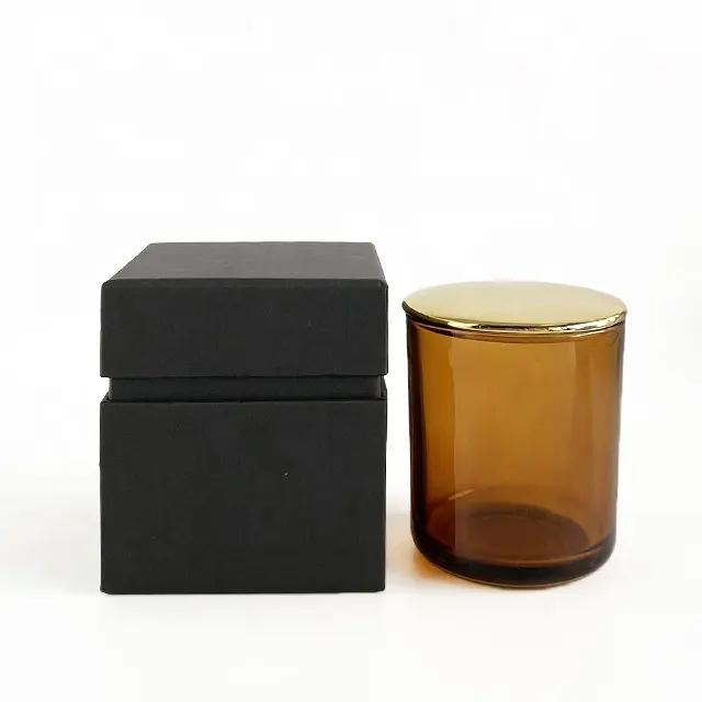 Votive 12OZ Botol Lilin Kaca Bundar Religius Berwarna Amber Dilukis Modern dengan Tutup Kotak Hadiah Persegi Cetak