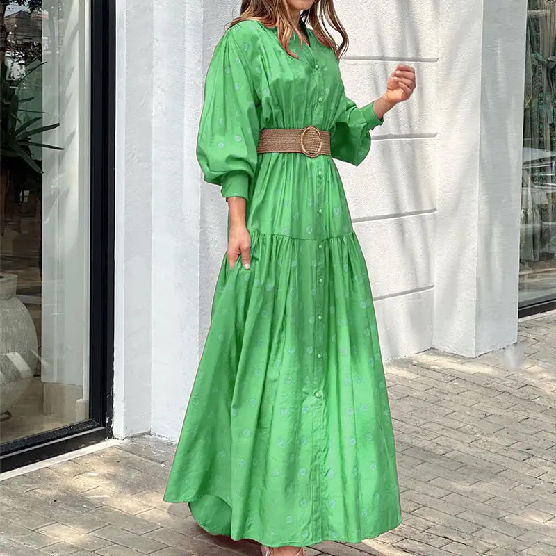 Maxi vestido de manga longa para moças, decote em v verde vintage moderno casual elegante