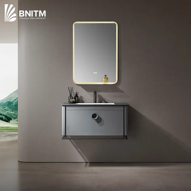 خزانة حمام ذكية بمرآة عائمة مثبتة على الحائط من الفولاذ المقاوم للصدأ بتصميم حديث للحمام من BNITM مزودة بمنضدة مضيئة مع حوض من ألواح الصلب