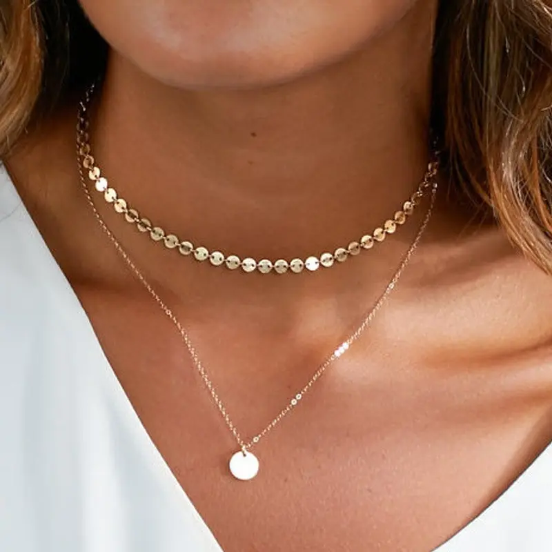 Moda nuova collana a catena con paillettes rotonde placcate in oro a doppio strato catena con colletto multistrato