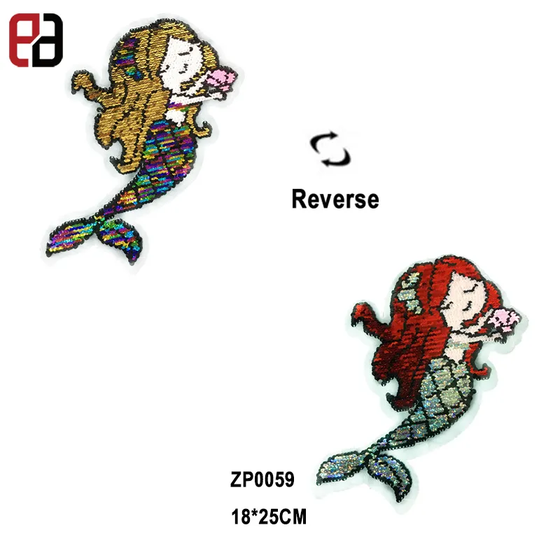 Wholesale Beautiful Cartoon Mermaid Reversible Shiny PVC Sequin Patch With Glue Back