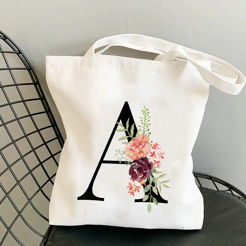 Bolso de compras de algodón reutilizable con patrón de letras extra grandes ecológico, bolso de compras de lona, bolso de mano de gran tamaño con logotipo personalizado