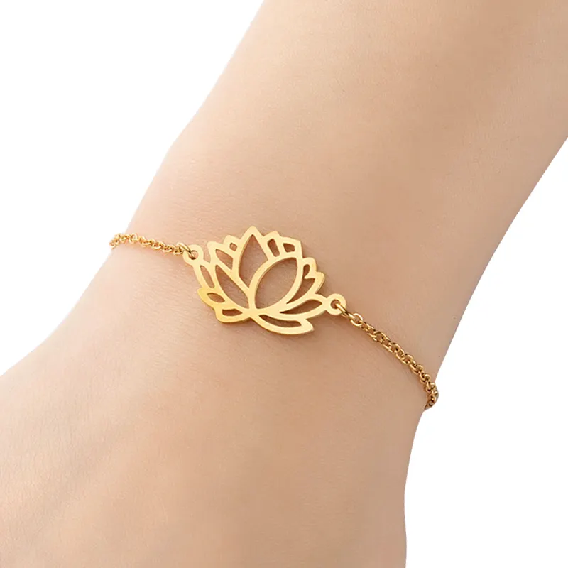 Amuleto de la suerte para mujer, pulsera de plata de oro de 18K Chapado en acero inoxidable, flor de loto, joyería