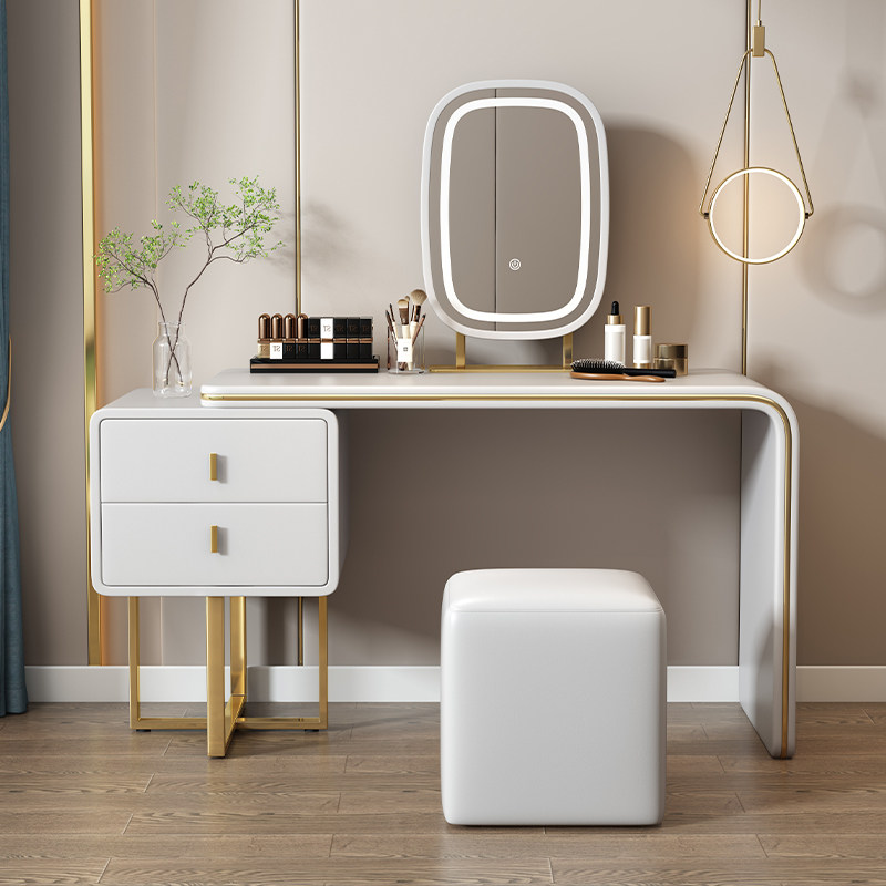 Ensemble de vanité miroir intelligent à cadre doré et blanc riz