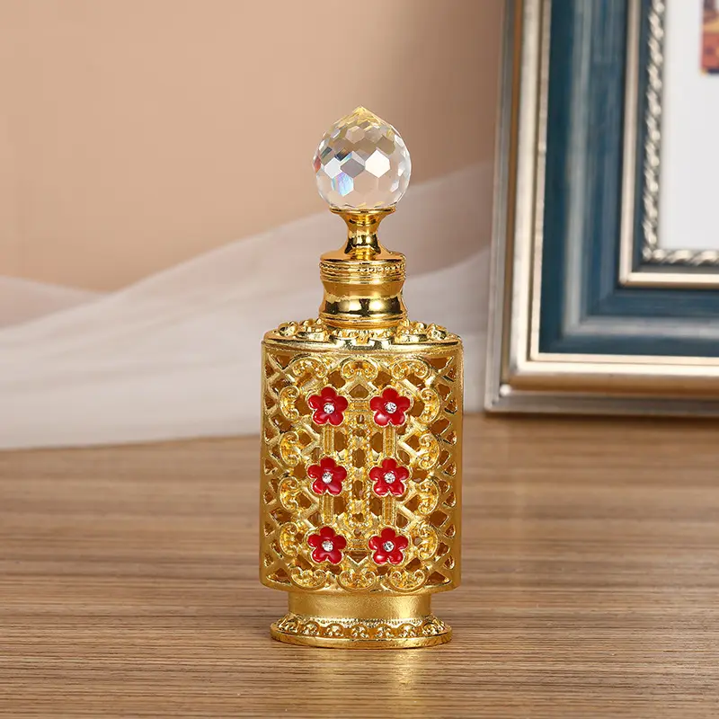 Lujo vacío 12ml Arabia Vintage oro aceite esencial vidrio cuentagotas botellas de Perfume con tapa de cristal