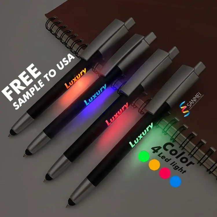 Caneta esferográfica de led de 3 em 1, caneta esferográfica inteligente com logotipo