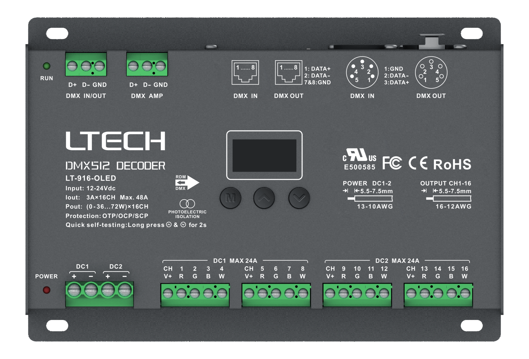 LT-916-OLED/RGBW 16 bits 3A*16 canales Máx. 48A Máx. 1152W