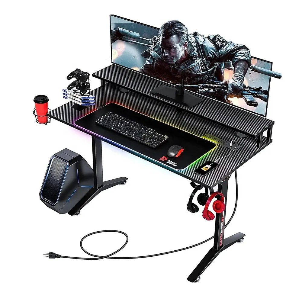 Cool Y Shaped Gamer Table with Cup Holder Headphone Hook Outlet Organizer Carbon Fiber Surface Gamer Desk with RGB Mouses Pad