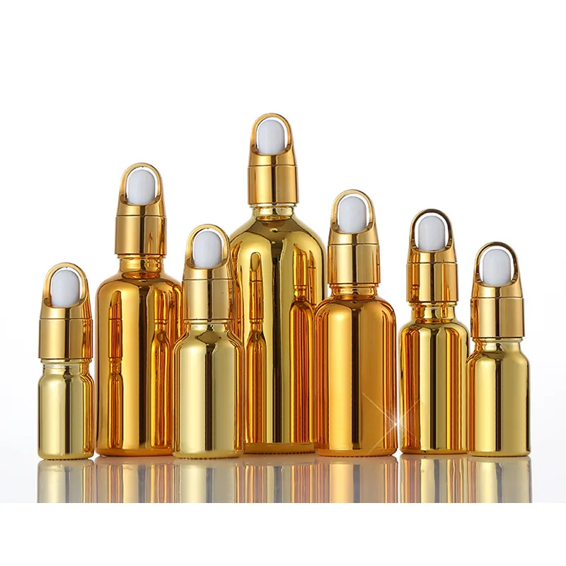 Gotero de cristal dorado brillante para aceite esencial, 5ml, 10ml, 15ml, 20ml, 30ml, 50ml, 100ml