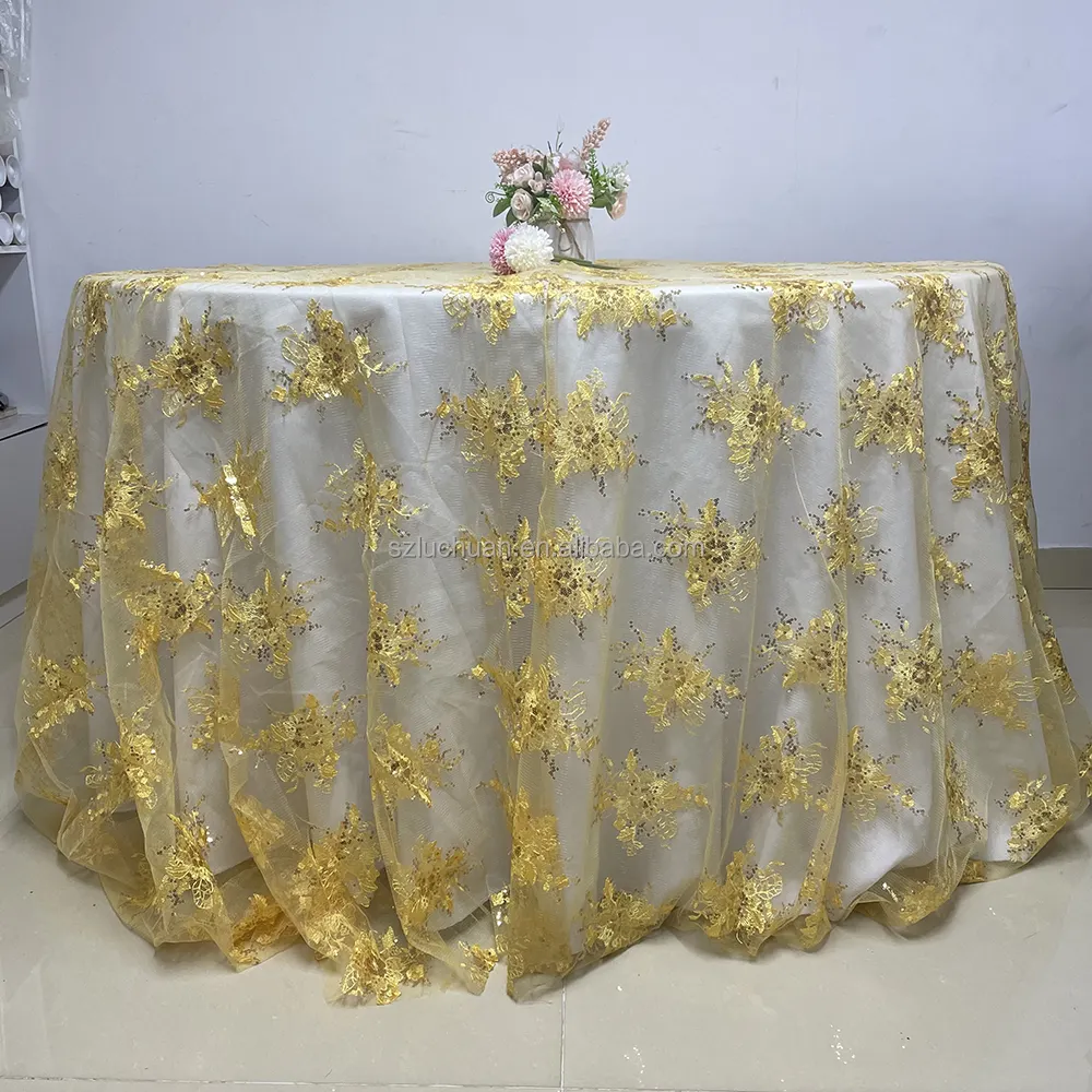 Luhuuyan-nappe de Table 120 pouces, textile en dentelle dorée, superposition personnalisée