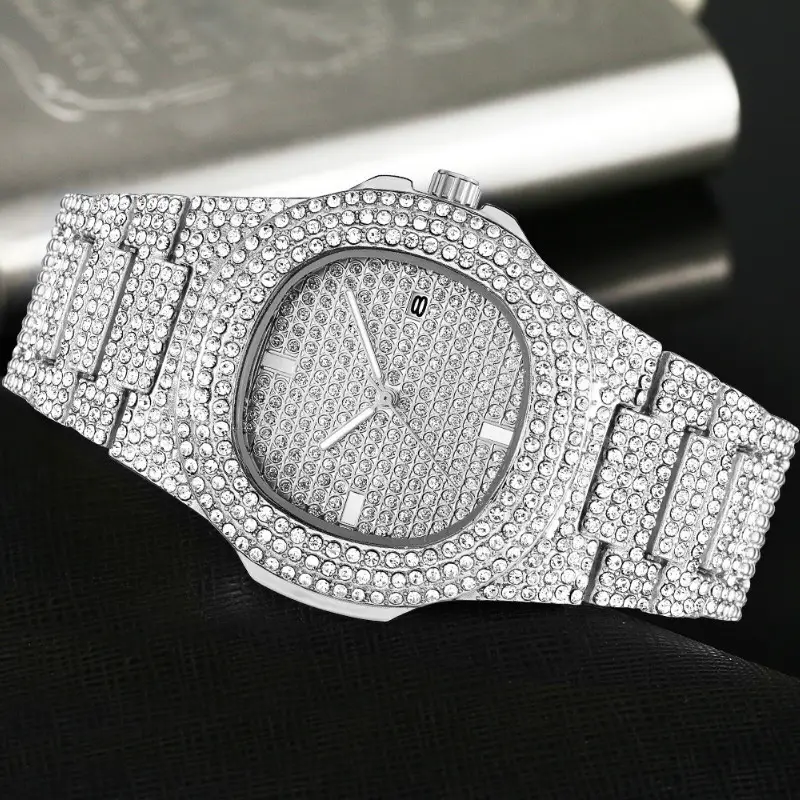 G2163 Hiphop Diamant Horloge Rap Heren Quartz Strap Kalender Starry Stalen Band Full Diamond Quartz Horloge