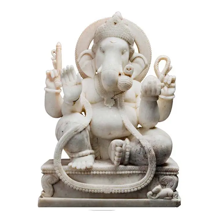 Custom Outdoor Decoratie Hoge Kwaliteit Levendige Wit Marmer Hindoe God Ganesh Standbeeld NTMS-038Y