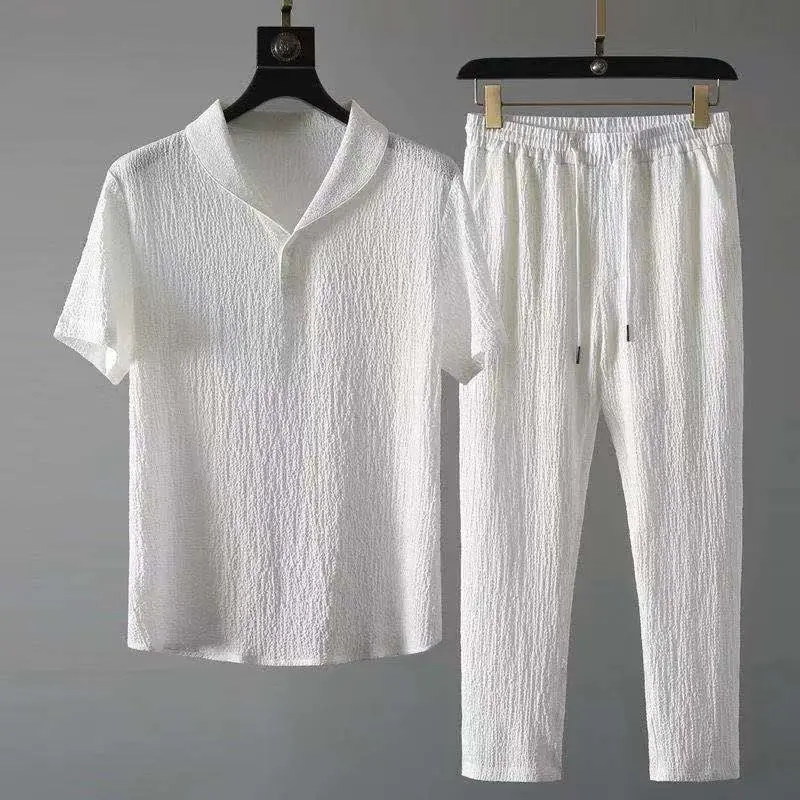 Conjunto de 2 piezas para hombre, novedad de verano 2023, traje deportivo fino, camisa de manga larga a la moda para hombre