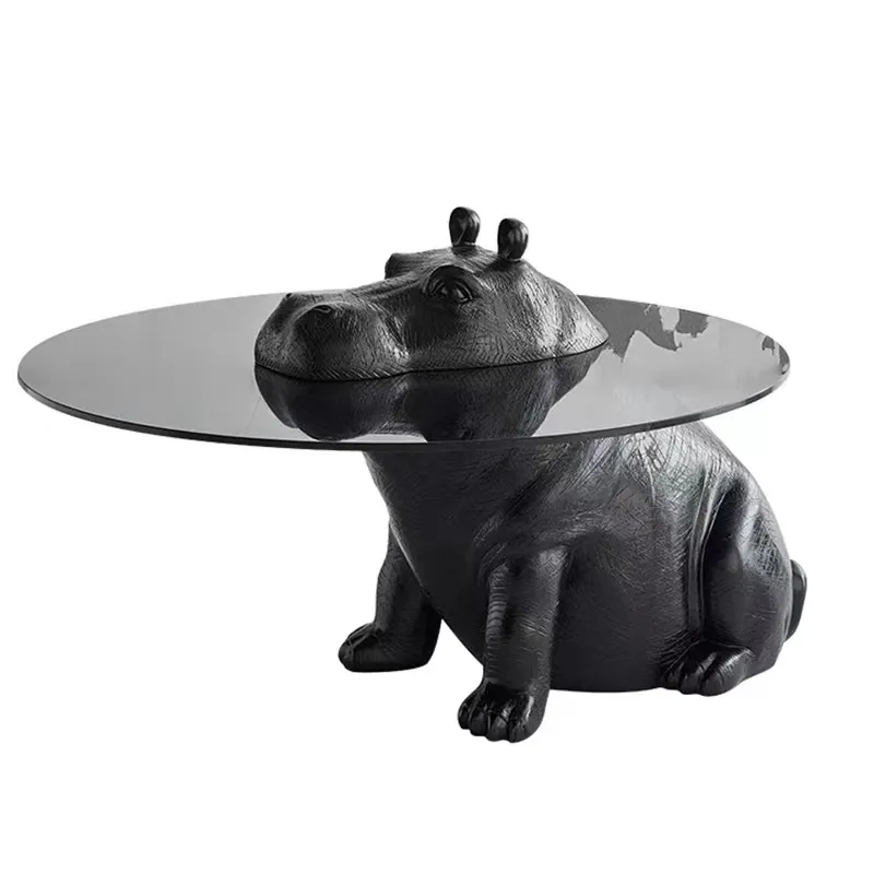 Mesa de café moderna estátua animal grande escultura animal preto Hippo Giant rinoceronte escultura Mesa de vidro para decoração