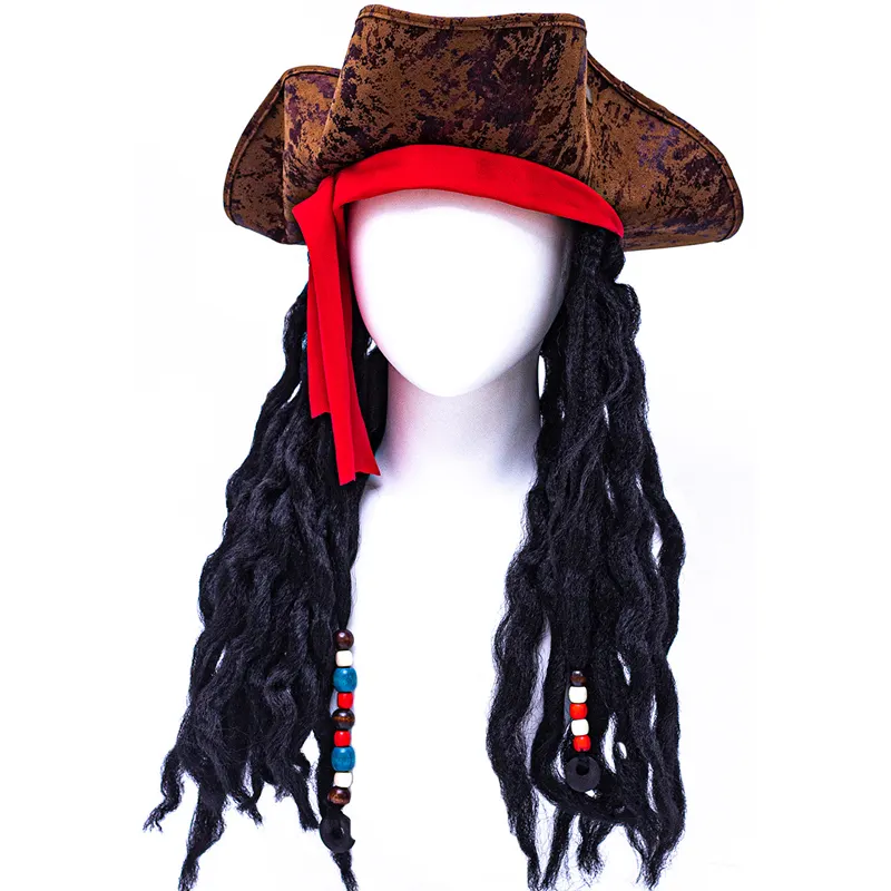 Cappello da pirata adulto Deluxe con trecce per capelli con capelli Dreadlocks benda sull'occhio orecchino Set di cappelli pirata dei Caraibi Set di accessori per costumi