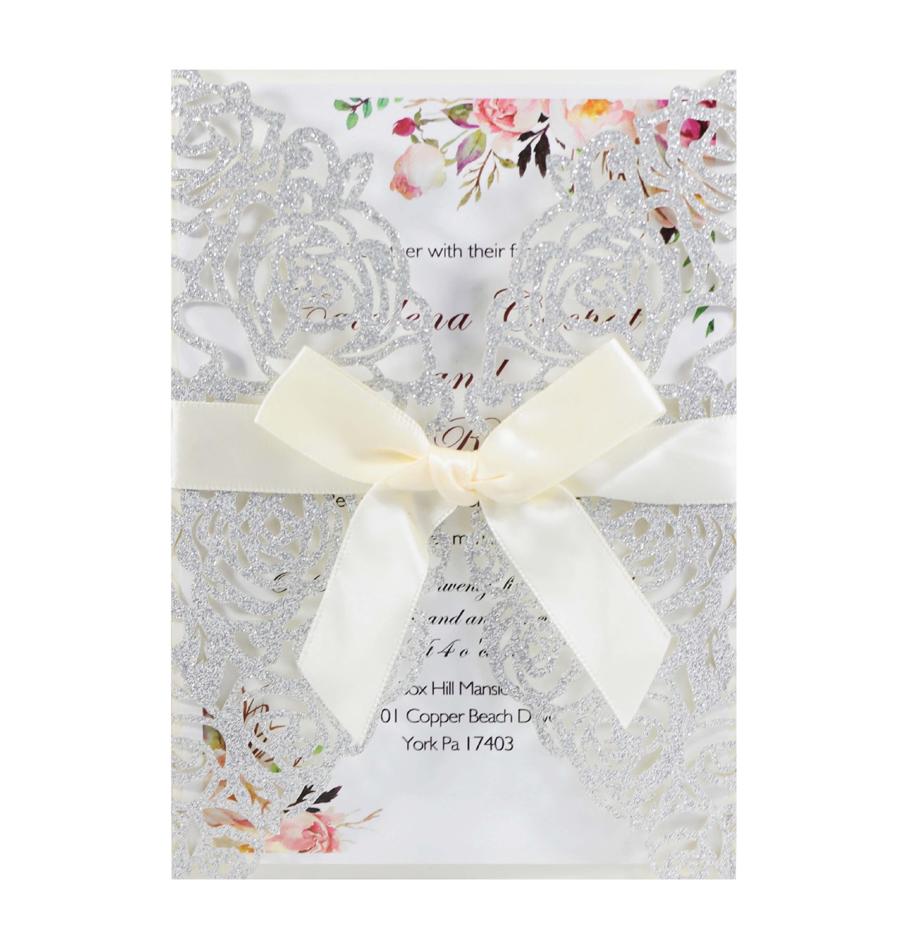 Glitter silver cover+insert+bow+envelope