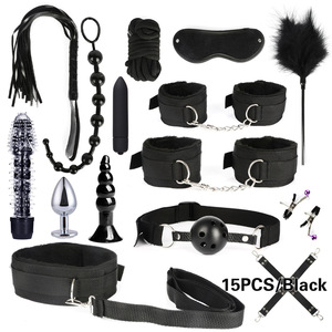 15pcs/套黑色PU皮革束缚套装鞭子面具奶嘴夹手铐BDSM套装成人情侣调情SM游戏5m绳束缚 - Product Image 1