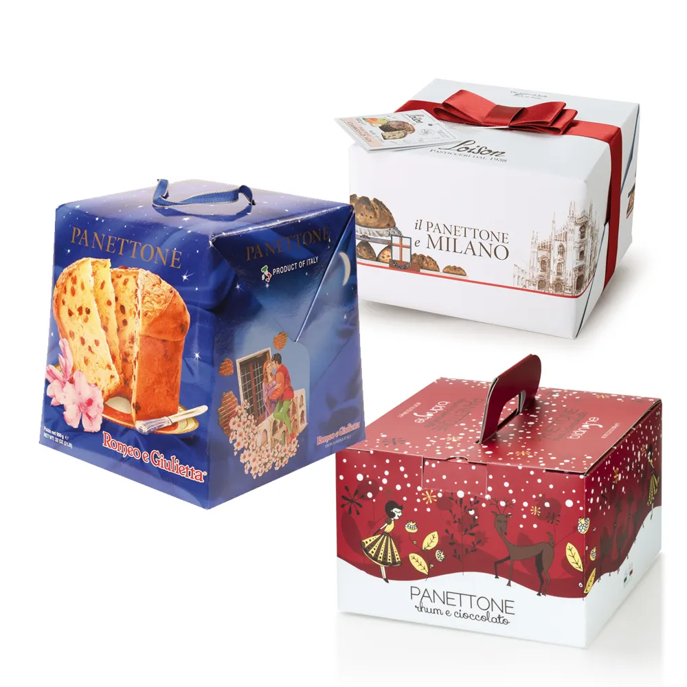 Caixa de embalagem Panettone clássica com desenho Pandor, caixa úmida para bolo de férias, receita tradicional italiana com passas de frutas e doces